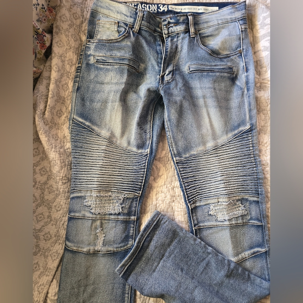 Reason brand denim jeans, stretch, motorcycle, men's 34, good shape